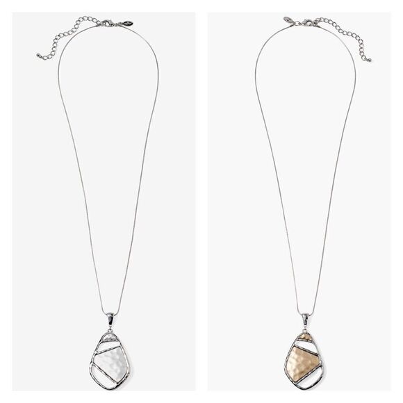 NWT Chico’s Textured Flip Metal Pendant Reversible Necklace Two Tone Gold Silver - Picture 1 of 6